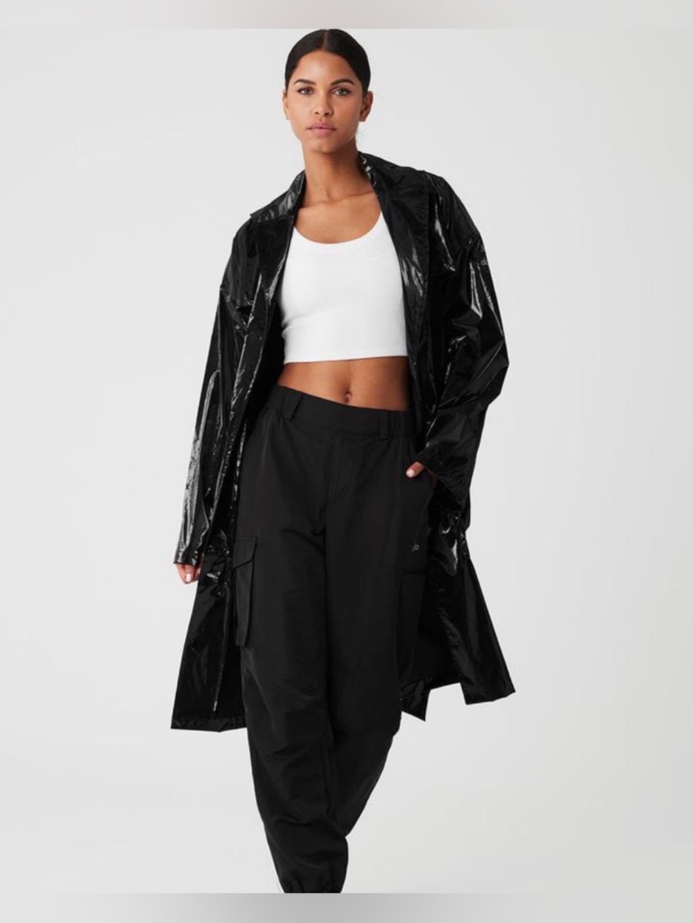 Alo Metallic Break Line Trench Coat Rain Jacket Athleisure Water Resistant READ